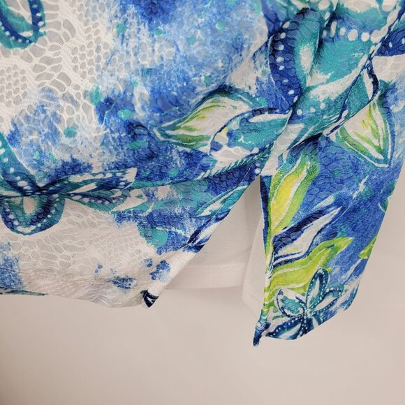 Alfred Dunner Waikiki Printed Lace Trim Tropical Floral Top 3/4 Sleeve Blouse Sh - Picture 6 of 7